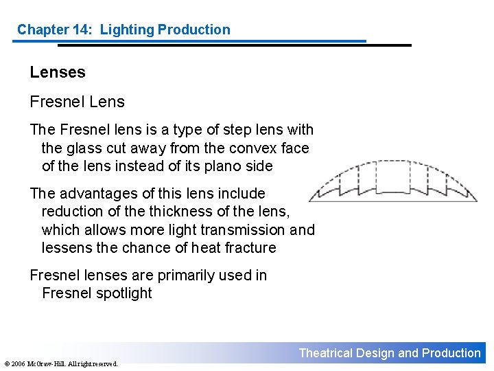 Chapter 14: Lighting Production Lenses Fresnel Lens The Fresnel lens is a type of