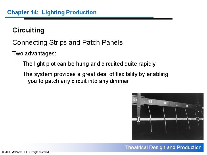 Chapter 14: Lighting Production Circuiting Connecting Strips and Patch Panels Two advantages: The light