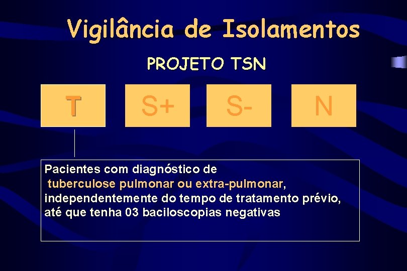 Vigilância de Isolamentos PROJETO TSN T S+ S- N Pacientes com diagnóstico de tuberculose