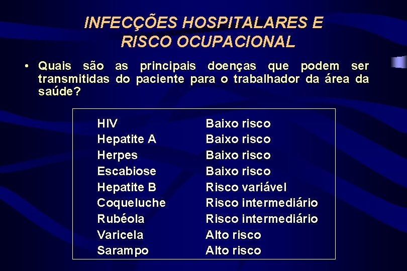 INFECÇÕES HOSPITALARES E RISCO OCUPACIONAL • Quais são as principais doenças que podem ser