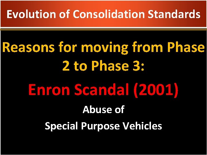 Evolution of Consolidation Standards Reasons for moving from Phase 2 to Phase 3: Enron