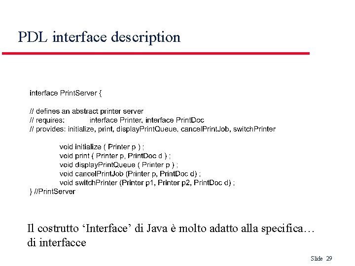 PDL interface description Il costrutto ‘Interface’ di Java è molto adatto alla specifica… di