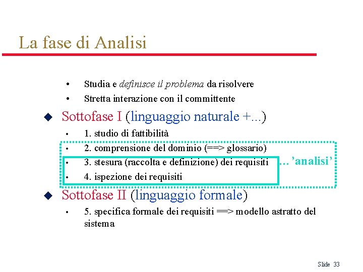 La fase di Analisi • • u Sottofase I (linguaggio naturale +. . .