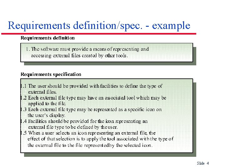 Requirements definition/spec. - example Slide 4 