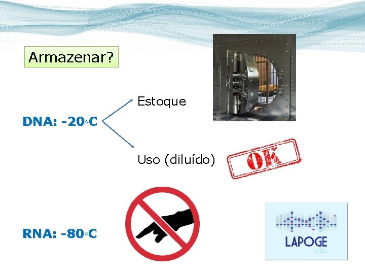 Armazenar? Estoque DNA: -20◦C Uso (diluído) RNA: -80◦C 