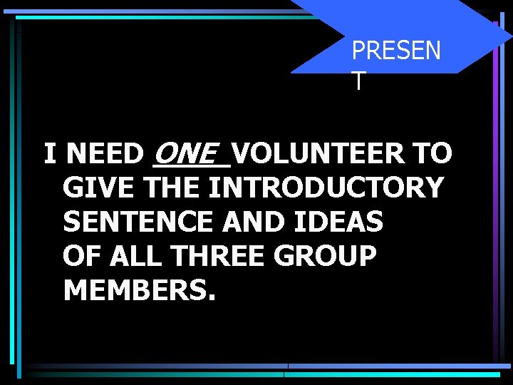 PRESEN T I NEED ONE VOLUNTEER TO GIVE THE INTRODUCTORY SENTENCE AND IDEAS OF