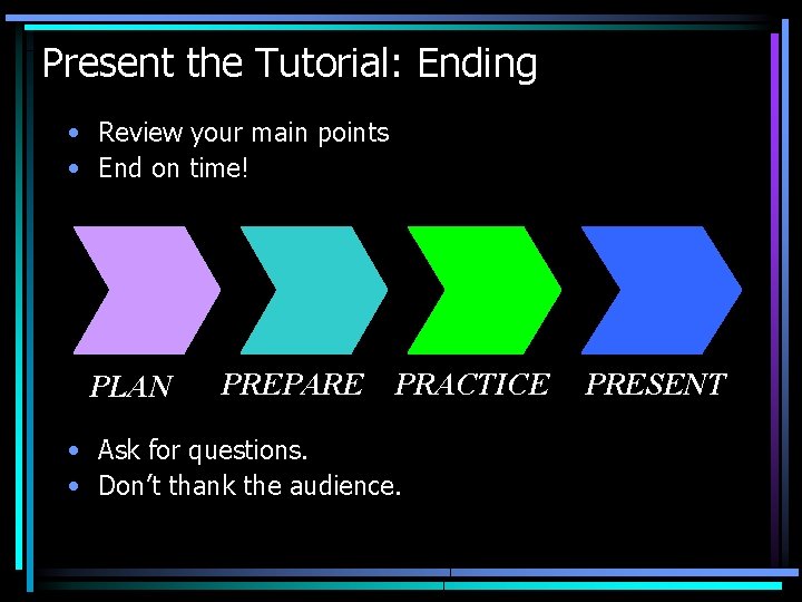 Present the Tutorial: Ending • Review your main points • End on time! PLAN
