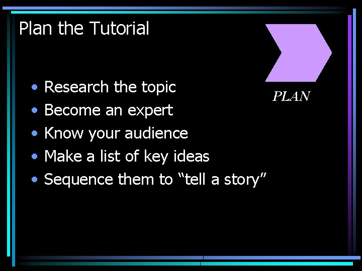 Plan the Tutorial • • • Research the topic PLAN Become an expert Know
