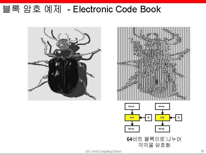블록 암호 예제 - Electronic Code Book 64 bits DES 64 bits 키 DES 블록 암호 예제 - Electronic Code Book 64 bits DES 64 bits 키 DES