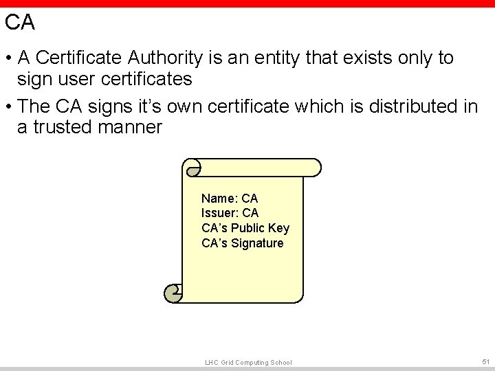 CA • A Certificate Authority is an entity that exists only to sign user CA • A Certificate Authority is an entity that exists only to sign user