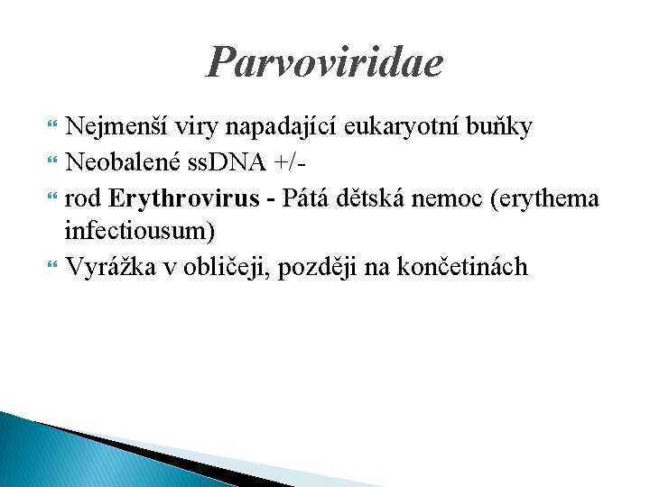 Parvoviridae Nejmenší viry napadající eukaryotní buňky Neobalené ss. DNA +/rod Erythrovirus - Pátá dětská