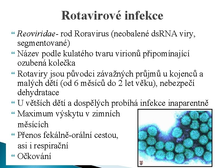 Rotavirové infekce Reoviridae- rod Roravirus (neobalené ds. RNA viry, segmentované) Název podle kulatého tvaru