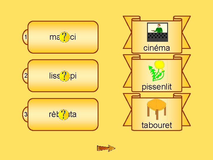 1 B 1 manéci cinéma 2 lissanpi pissenlit 3 rèbouta tabouret 