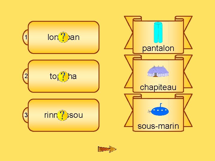 3 B 1 lontapan pantalon 2 topicha chapiteau 3 rinmassou sous-marin 