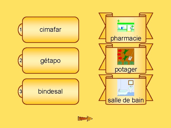 6 fl 1 cimafar pharmacie 2 gétapo potager 3 bindesal salle de bain 