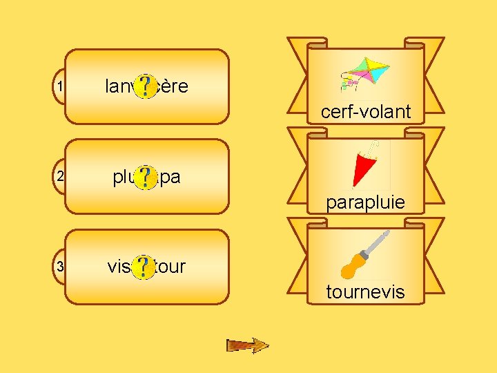 4 Bfl 1 lanvocère cerf-volant 2 pluirapa parapluie 3 visnetournevis 4 Bfl 1 lanvocère cerf-volant 2 pluirapa parapluie 3 visnetournevis