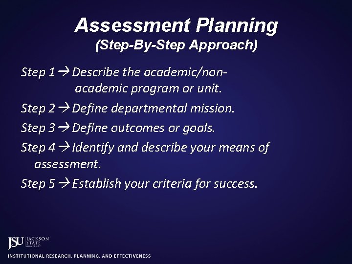 Assessment Planning (Step-By-Step Approach) Step 1 Describe the academic/nonacademic program or unit. Step 2