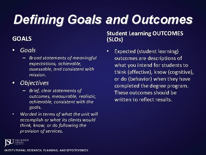 Defining Goals and Outcomes GOALS • Goals – Broad statements of meaningful expectations, achievable,