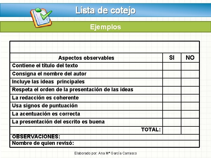 Lista de cotejo Ejemplos SI Aspectos observables Contiene el título del texto Consigna el Lista de cotejo Ejemplos SI Aspectos observables Contiene el título del texto Consigna el