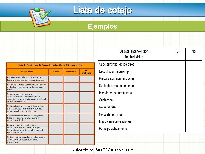 Lista de cotejo Ejemplos Elaborado por: Ana Mª García Carrasco Lista de cotejo Ejemplos Elaborado por: Ana Mª García Carrasco