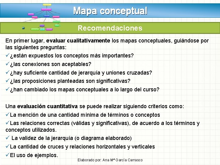 Mapa conceptual Recomendaciones En primer lugar, evaluar cualitativamente los mapas conceptuales, guiándose por las Mapa conceptual Recomendaciones En primer lugar, evaluar cualitativamente los mapas conceptuales, guiándose por las