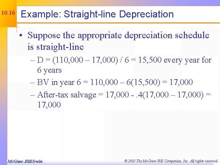10. 16 Example: Straight-line Depreciation • Suppose the appropriate depreciation schedule is straight-line –