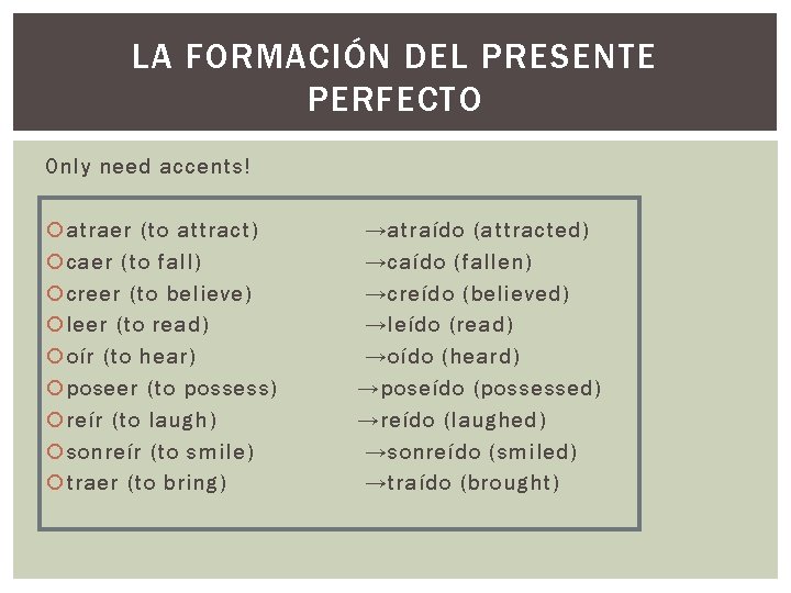 LA FORMACIÓN DEL PRESENTE PERFECTO Only need accents! atraer (to attract) caer (to fall)