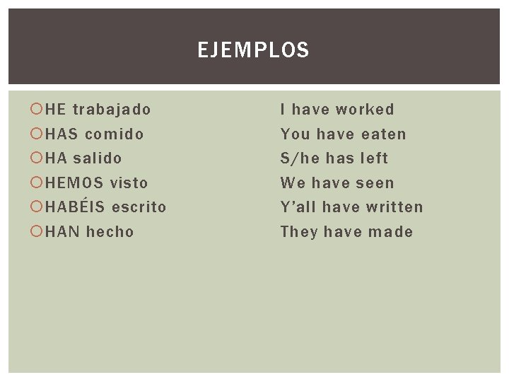 EJEMPLOS HE trabajado HAS comido HA salido HEMOS visto HABÉIS escrito HAN hecho I