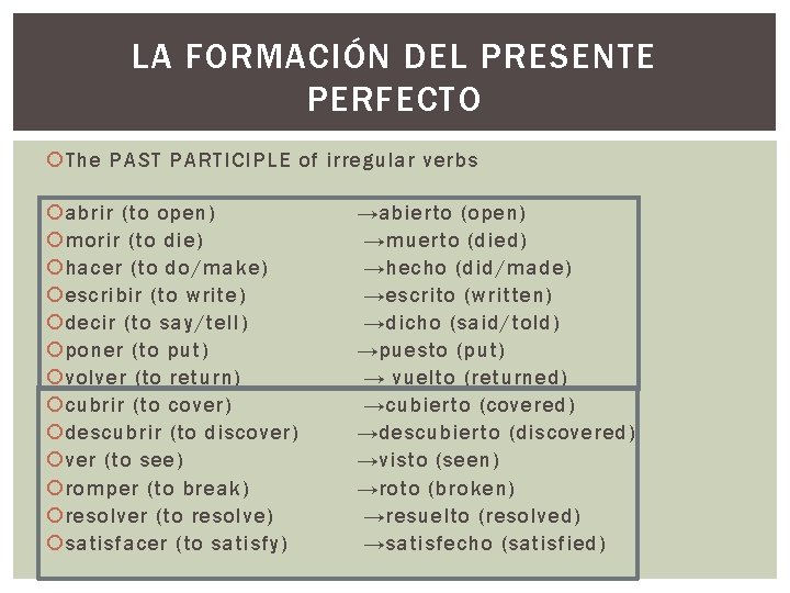 LA FORMACIÓN DEL PRESENTE PERFECTO The PAST PARTICIPLE of irregular verbs abrir (to open)