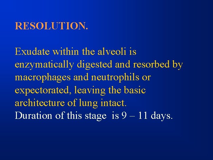 RESOLUTION. Exudate within the alveoli is enzymatically digested and resorbed by macrophages and neutrophils
