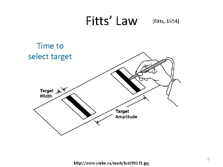 Fitts’ Law [Fitts, 1954] Time to select target http: //www. yorku. ca/mack/hci 1992 -f