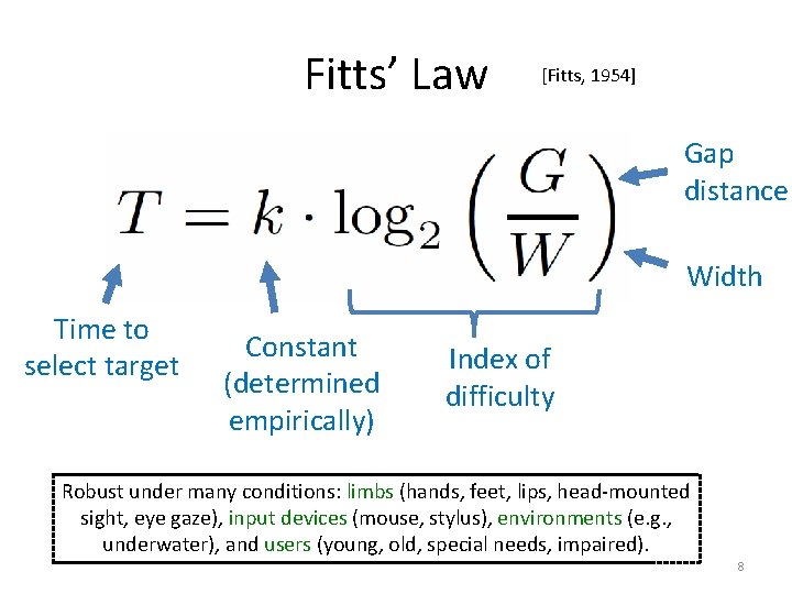 Fitts’ Law [Fitts, 1954] Gap distance Width Time to select target Constant (determined empirically)