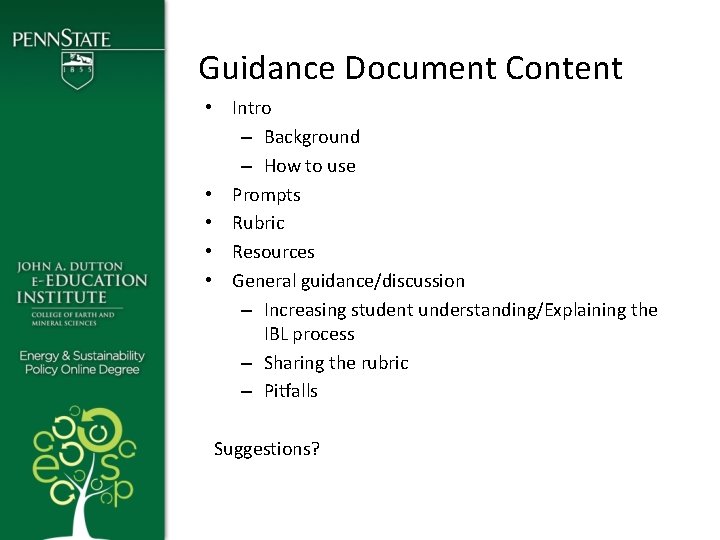 Guidance Document Content • Intro – Background – How to use • Prompts •