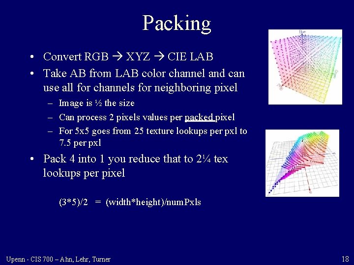 Packing • Convert RGB XYZ CIE LAB • Take AB from LAB color channel