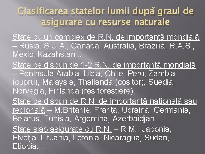Clasificarea statelor lumii după graul de asigurare cu resurse naturale State cu un complex