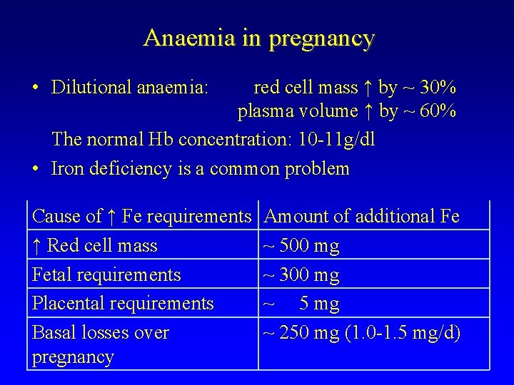 Anaemia in pregnancy • Dilutional anaemia: red cell mass ↑ by ~ 30% plasma