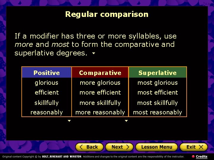 Regular comparison If a modifier has three or more syllables, use more and most