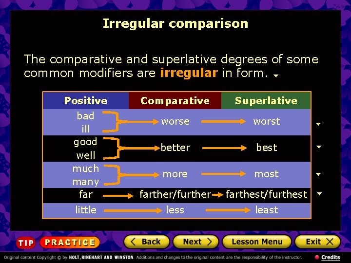 Irregular comparison The comparative and superlative degrees of some common modifiers are irregular in