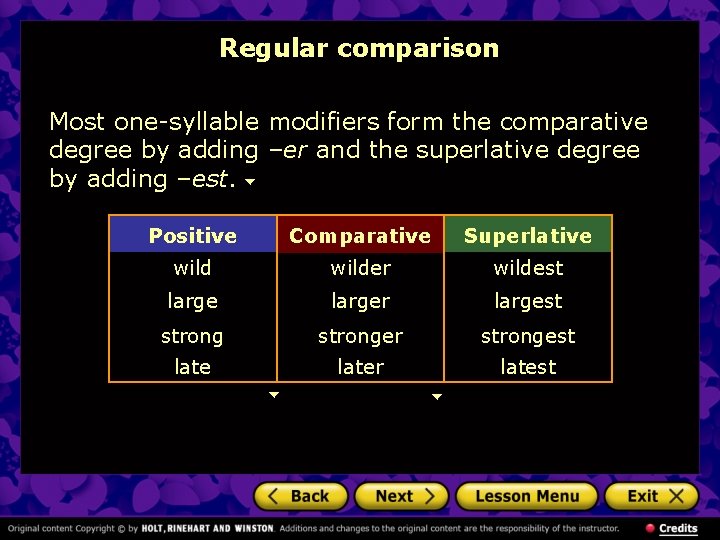 Regular comparison Most one-syllable modifiers form the comparative degree by adding –er and the