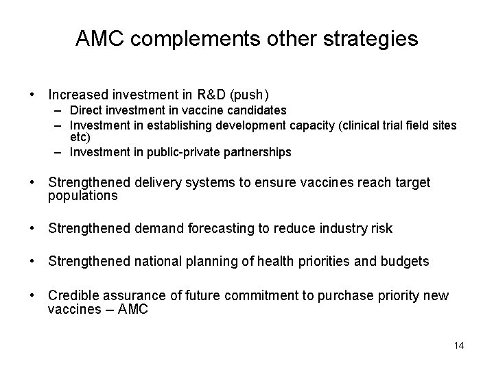 AMC complements other strategies • Increased investment in R&D (push) – Direct investment in