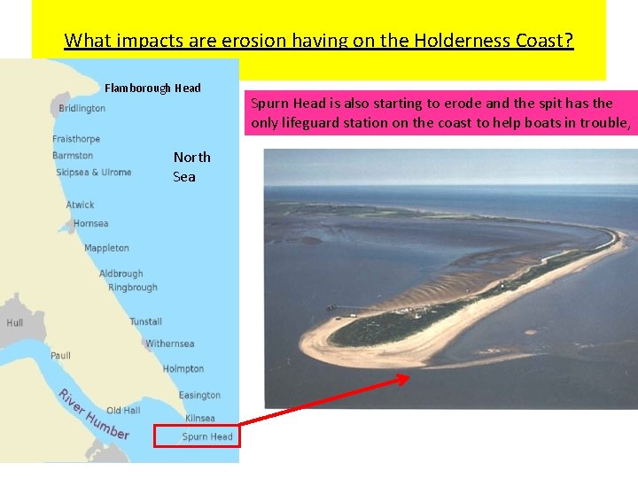 What impacts are erosion having on the Holderness Coast? Flamborough Head North Sea Spurn What impacts are erosion having on the Holderness Coast? Flamborough Head North Sea Spurn