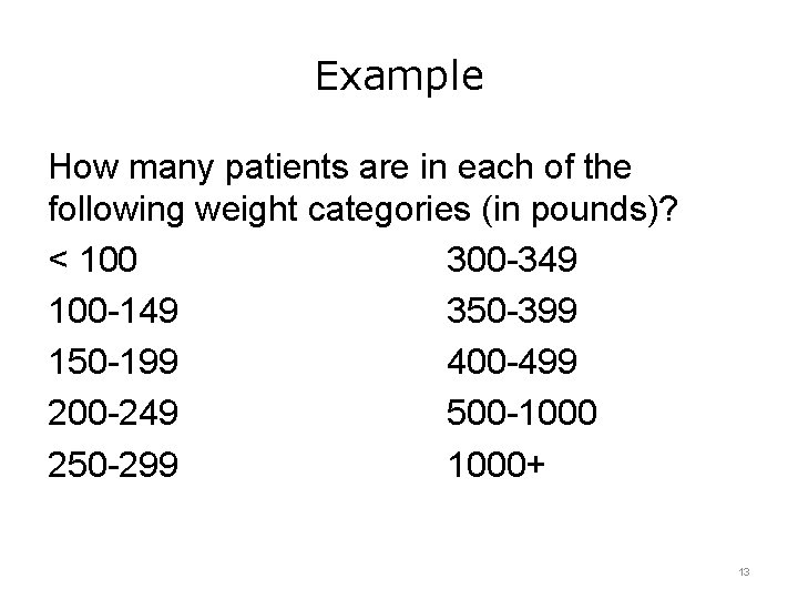 Example How many patients are in each of the following weight categories (in pounds)?