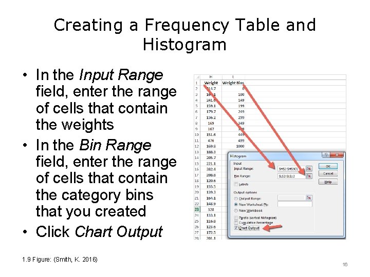 Creating a Frequency Table and Histogram • In the Input Range field, enter the