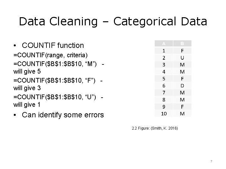 Data Cleaning – Categorical Data • COUNTIF function =COUNTIF(range, criteria) =COUNTIF($B$1: $B$10, “M”) -