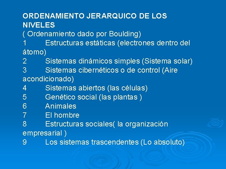 ORDENAMIENTO JERARQUICO DE LOS NIVELES ( Ordenamiento dado por Boulding) 1 Estructuras estáticas (electrones