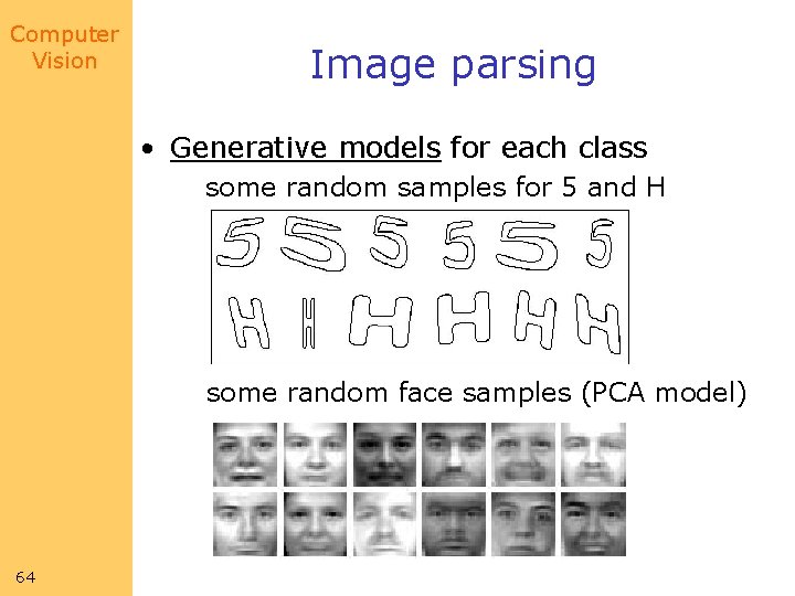 Computer Vision Image parsing • Generative models for each class some random samples for