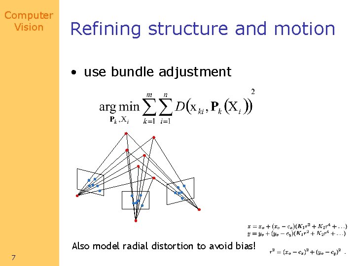 Computer Vision Refining structure and motion • use bundle adjustment Also model radial distortion