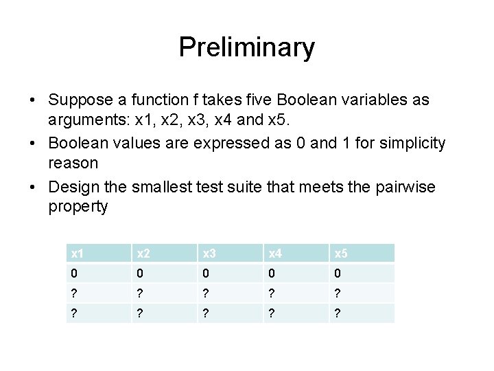 Preliminary • Suppose a function f takes five Boolean variables as arguments: x 1,