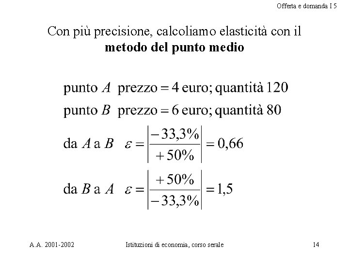 Offerta e domanda I 5 Con più precisione, calcoliamo elasticità con il metodo del