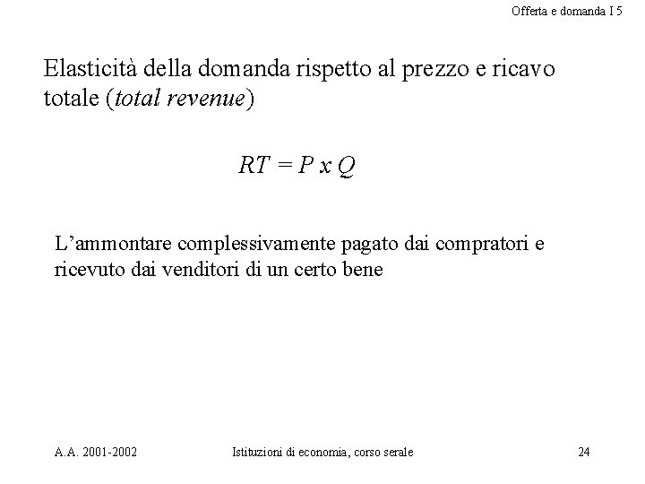 Offerta e domanda I 5 Elasticità della domanda rispetto al prezzo e ricavo totale